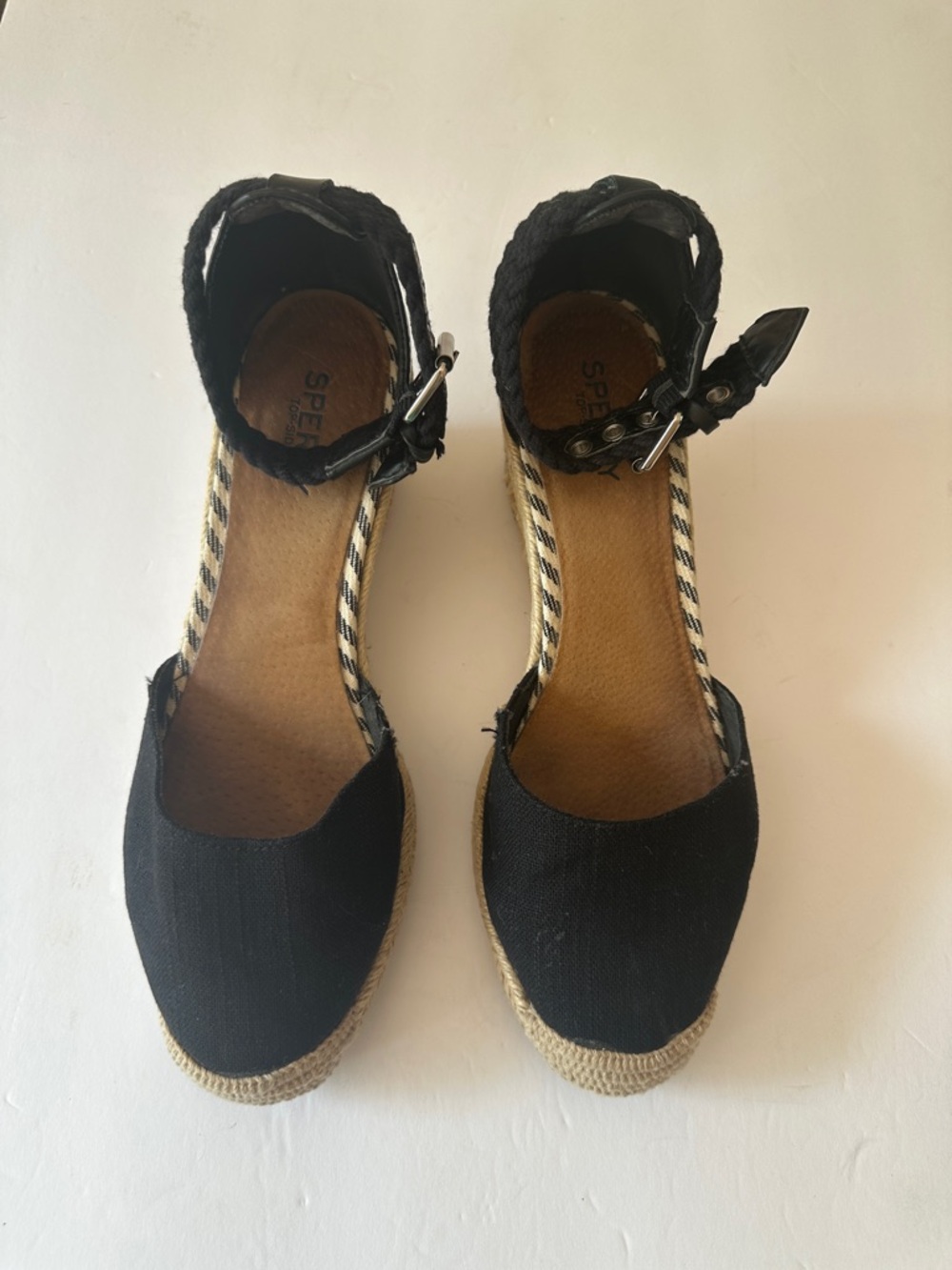 Sperry Black Espadrille Wedge Shoes with Braided Ankle Strap